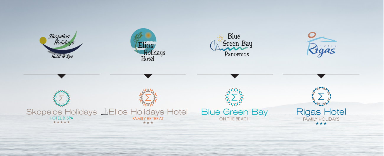 Hotel group rebranding and unified brand identity for Spyrou Hotels in Skopelos by DOGFISH Graphic Designers